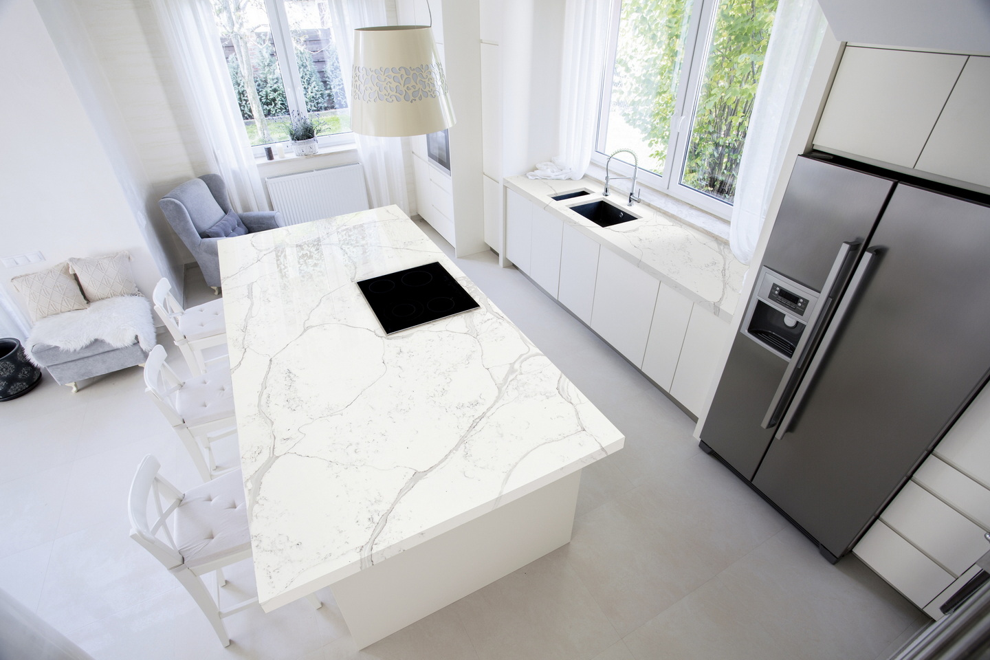 Quartz stone Calacatta white kitchen countertops