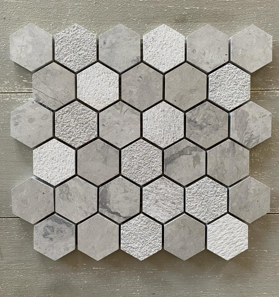 hexagonal tile mosaic grey thala