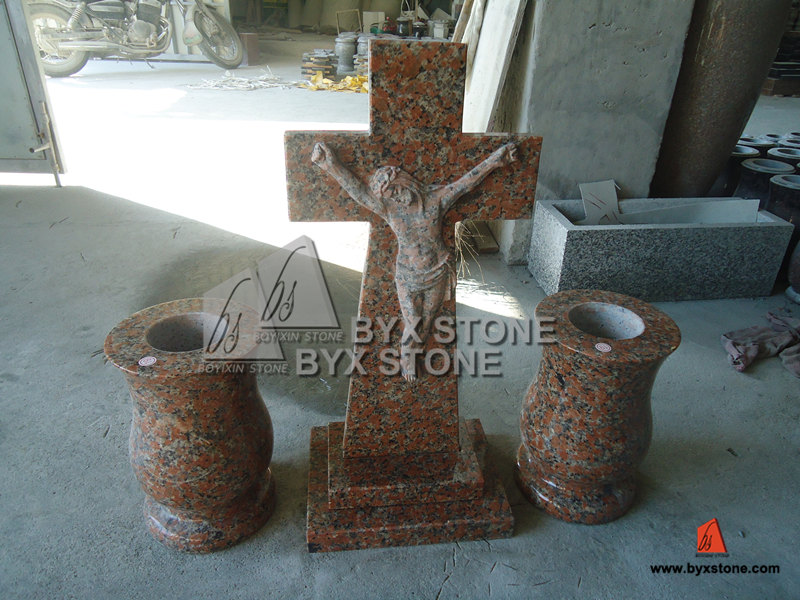 Maple Red Granite Cross Headstone with Jesus Sculpture