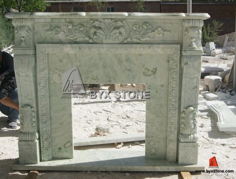 Green Marble Stone Fireplace with Flower Carving