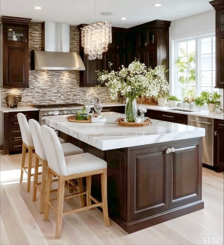 White Marble Countertops in Dining Room