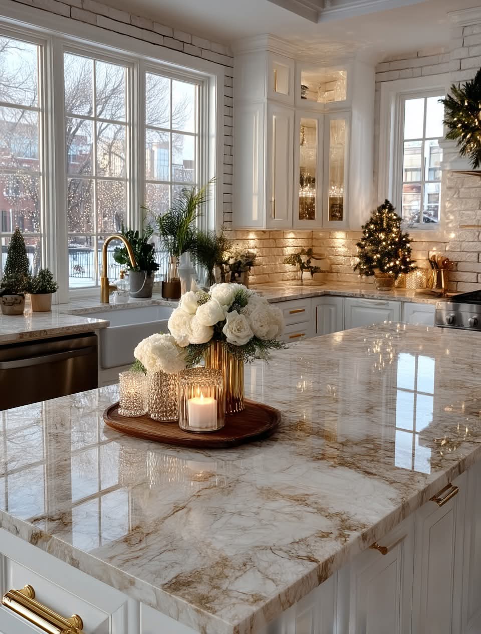 White and Golden Marble Stone Kitchen Island Countertops